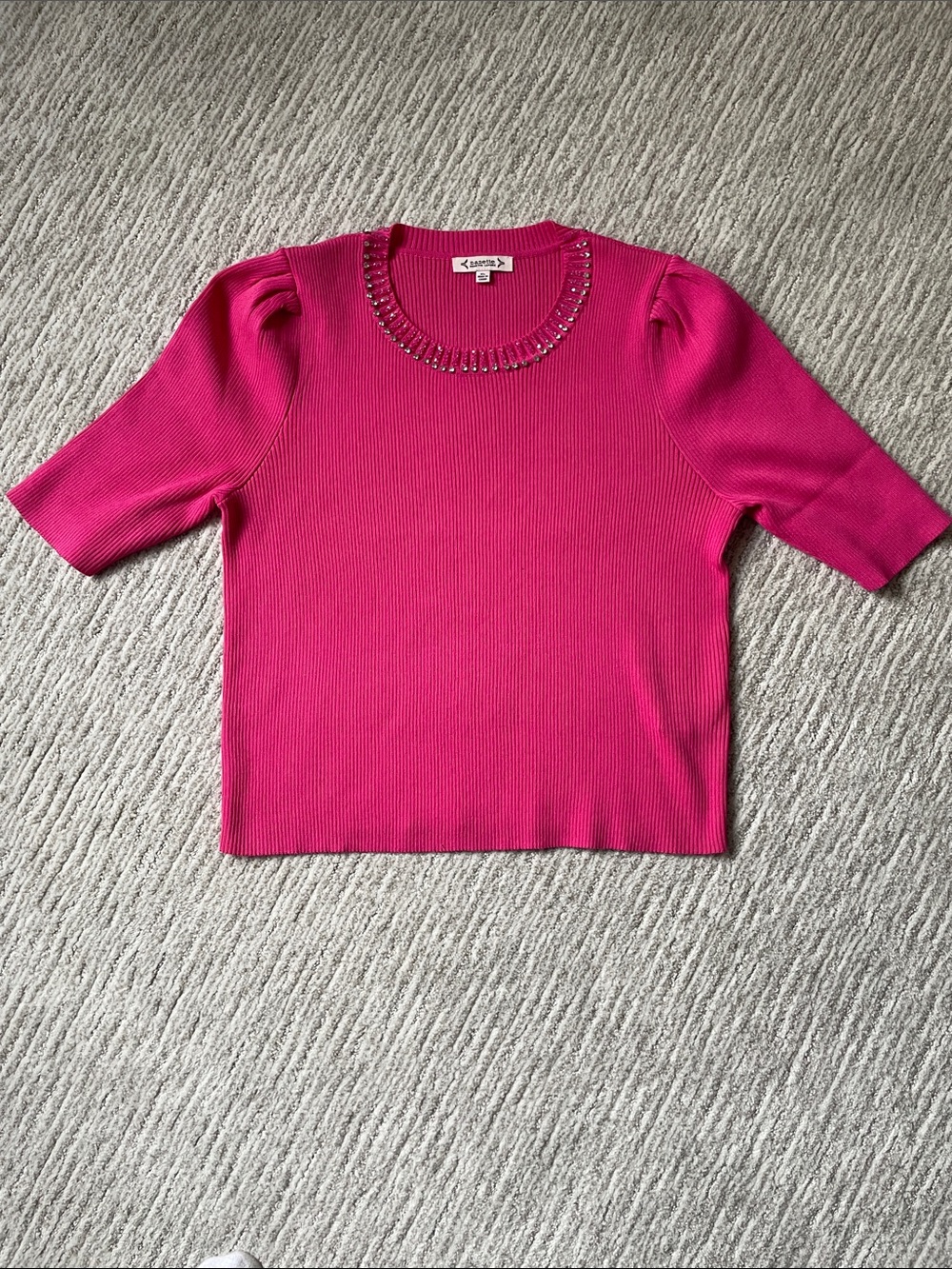 Nanette Lepore Hot Pink Short Sleeve Embellished Rib Knit Top